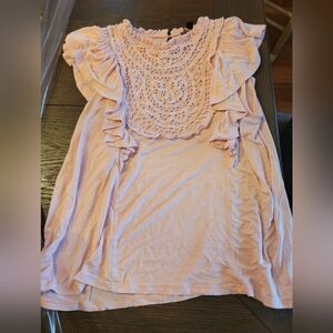 Cable & Gauge Pink Crochet Yoke Ruffle Sleeve Top
